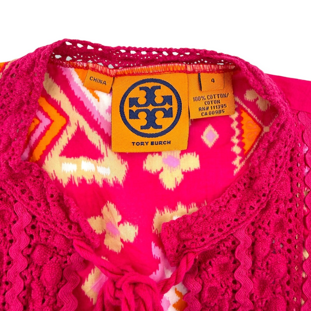 Tory Burch Pink Geometric Print Crochet Tie Neck Cotton Blouse Size 4‎ - Picture 7 of 8